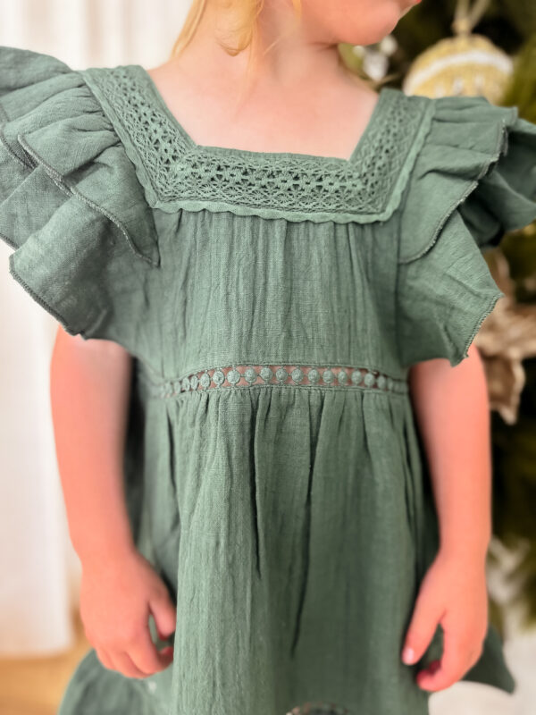 Payton Kids Ruffle With Lace Details Dress - Green 100% Cotton Gauze